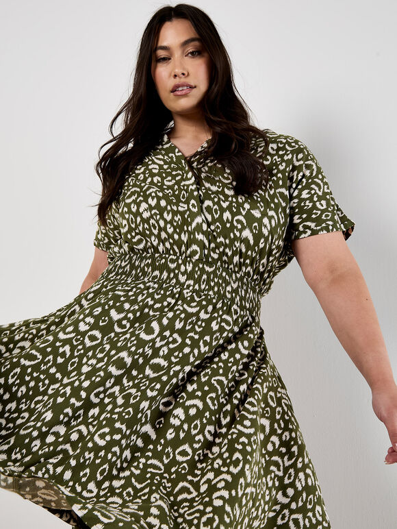Curve Leopard Print Shirt Midi Dress, Khaki, large