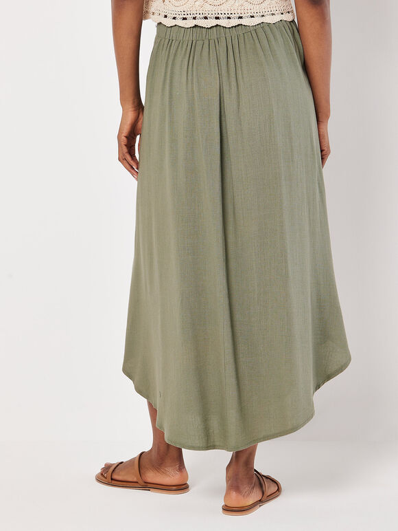 Linen Blend Hanky Hem Midi Skirt, Khaki, large
