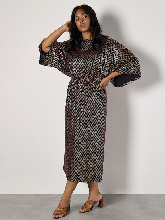 Curve Chevron Mirror Sequin Midi Dress, Brown, large