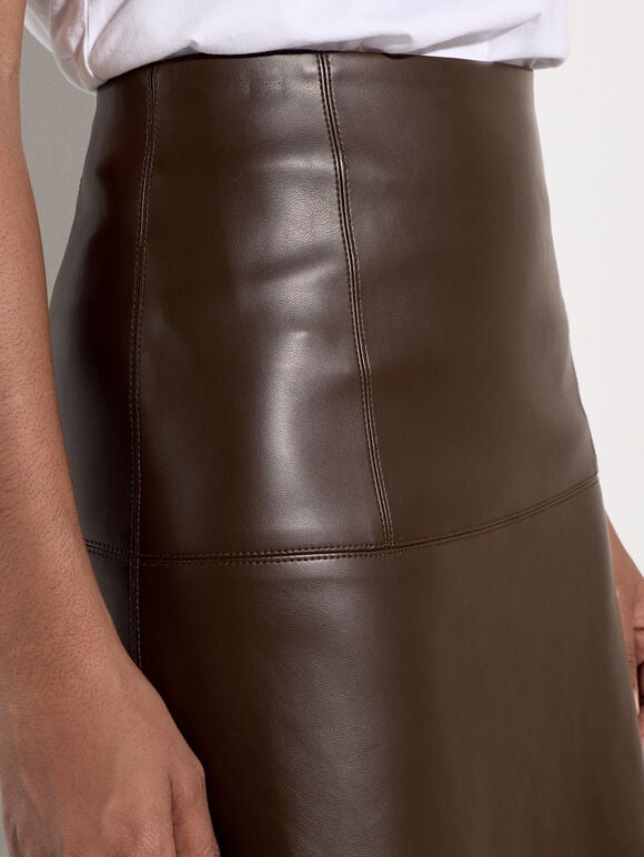 Faux Leather Midaxi Skirt, Brown, large