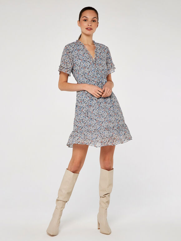 Floral Angel Sleeve Dress, Blue, large