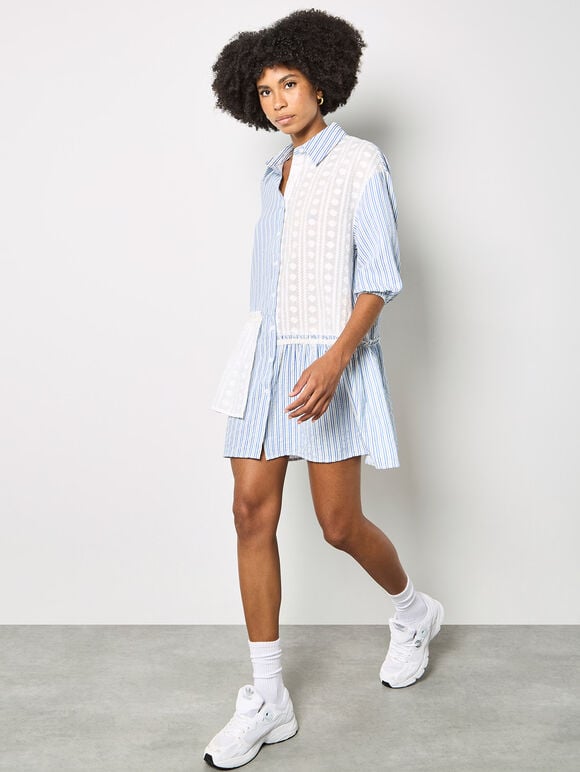 Mix Stripe Shirt Mini Dress, Blue, large
