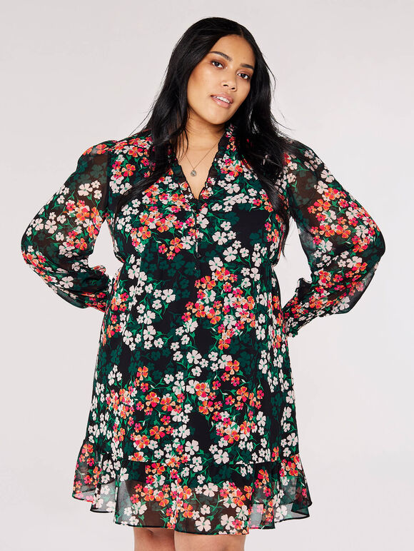 Curve Floral Mini Dress, Black, large