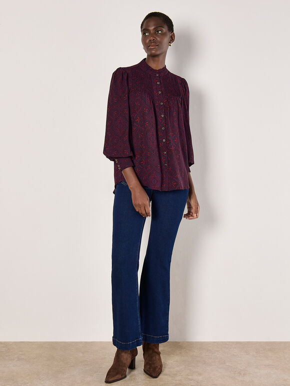 Mosaic Print Chiffon Ruffle Blouse, Burgundy, large