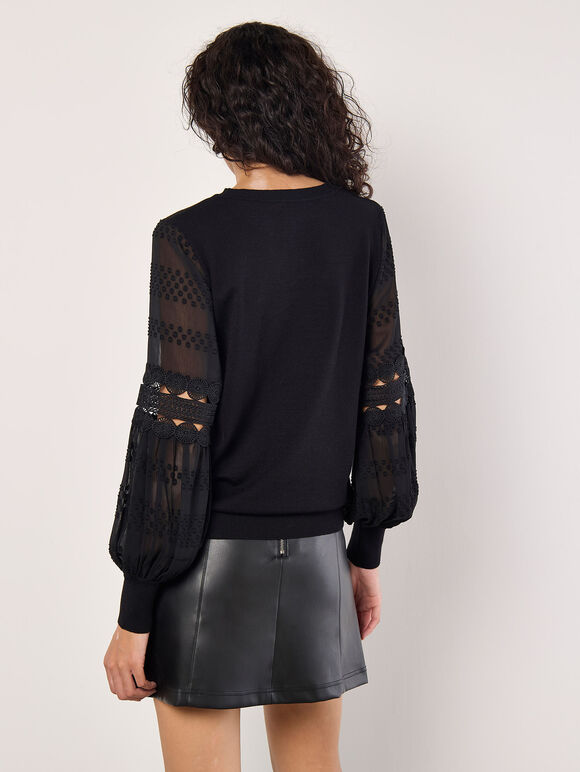 Contrast Chiffon Sleeves Jumper, Black, large