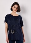 Oversized Butterfly Diamante Stud T-Shirt, Navy, large
