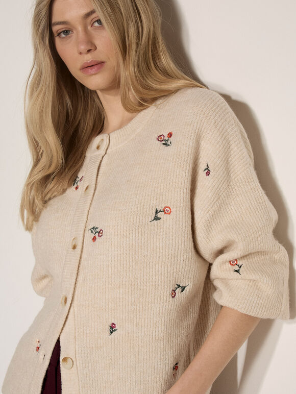 Soft Ribbed Knit Floral Embroidered Cardigan, Stone, large