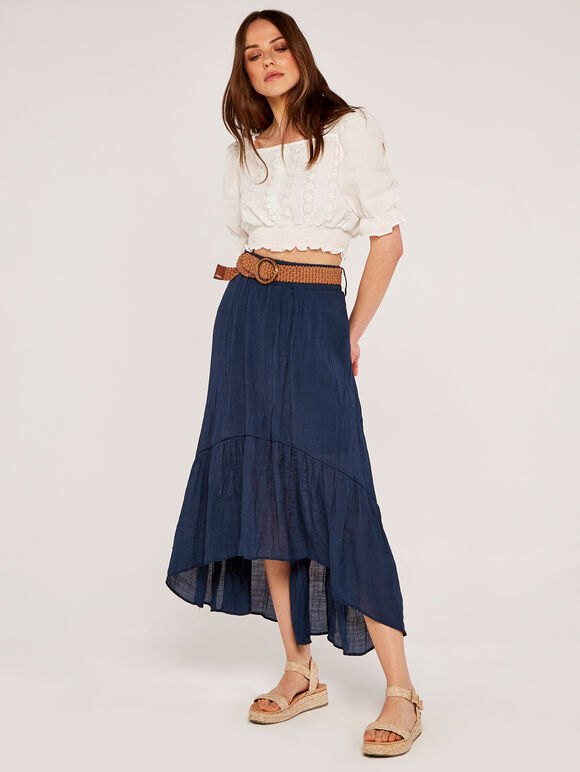 Shark Hem Crinkle Belted Skirt, Navy, large