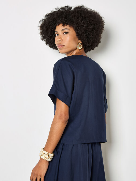 Lightweight V-neck Blouse, Navy, large
