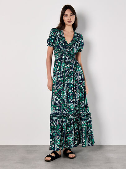 Scarf Print Smocked Maxi Dress