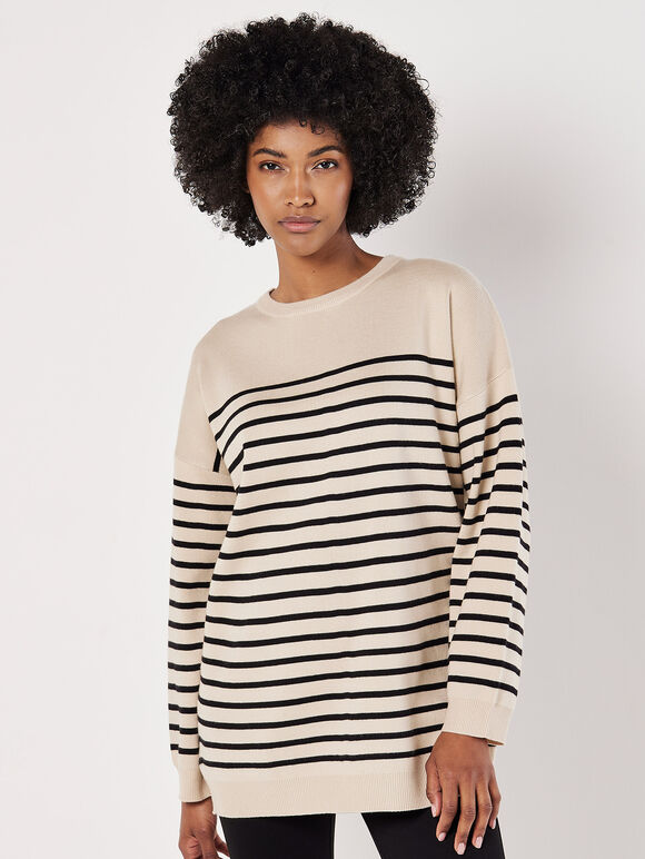 Stripe Rib Knit Longline Jumper, Stone, large