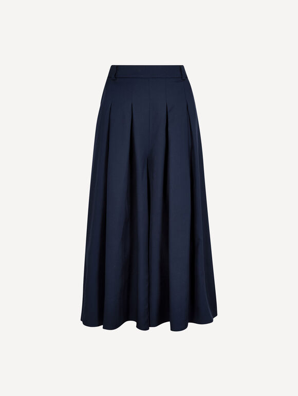 Pleated Wide-Leg Culotte Trousers, Navy, large