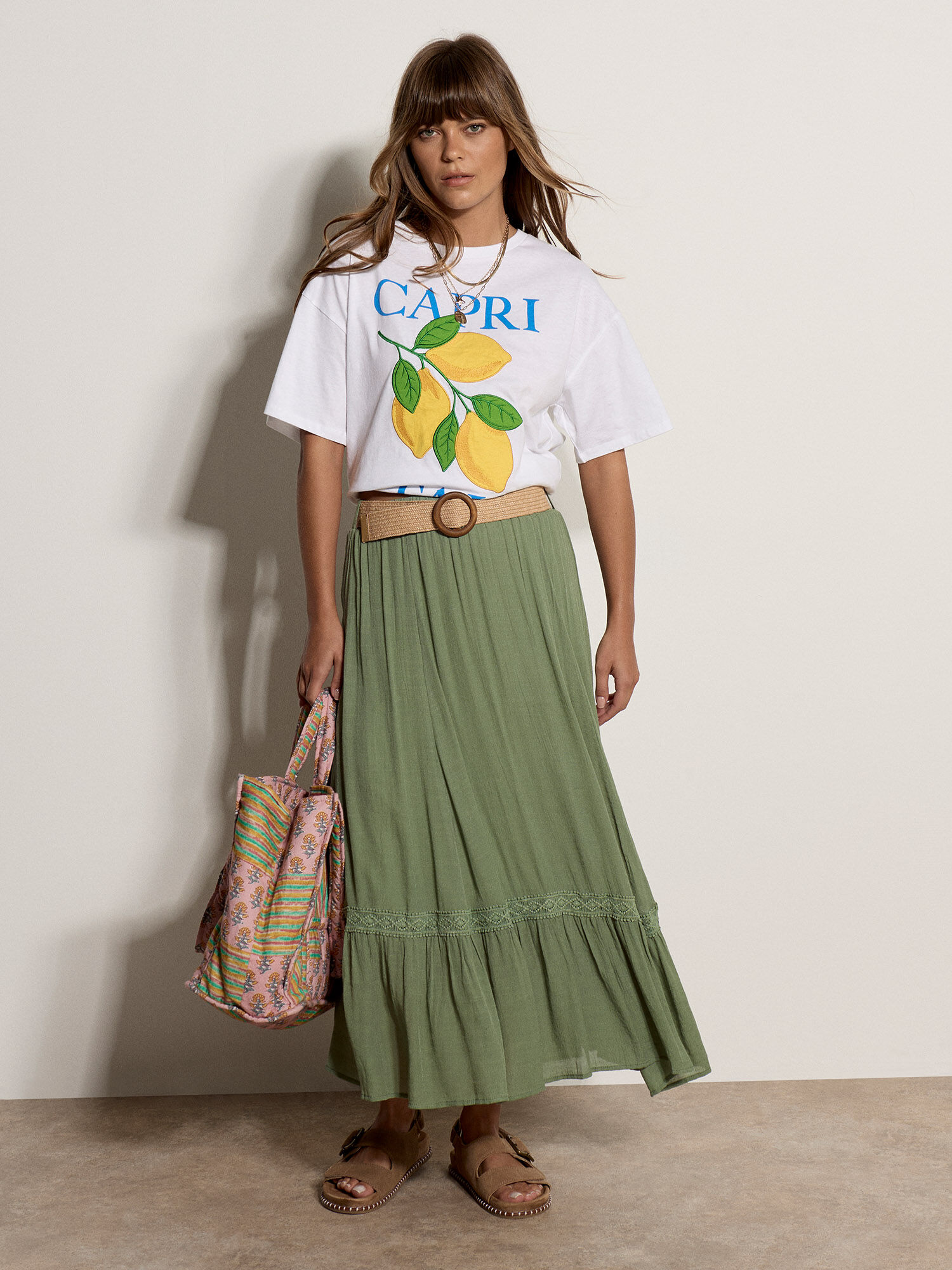 Lace Insert Belted Midi Skirt | Apricot Clothing