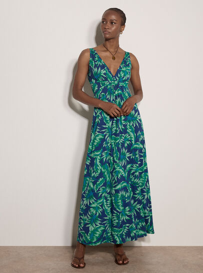 Tropical Leaf Jersey Maxi Dress