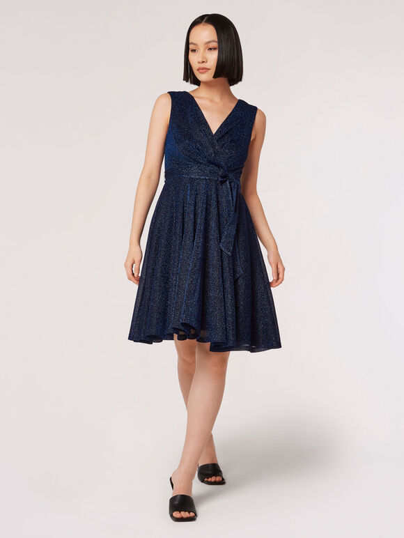 Metallic Pleat Skater Mini Dress, Navy, large