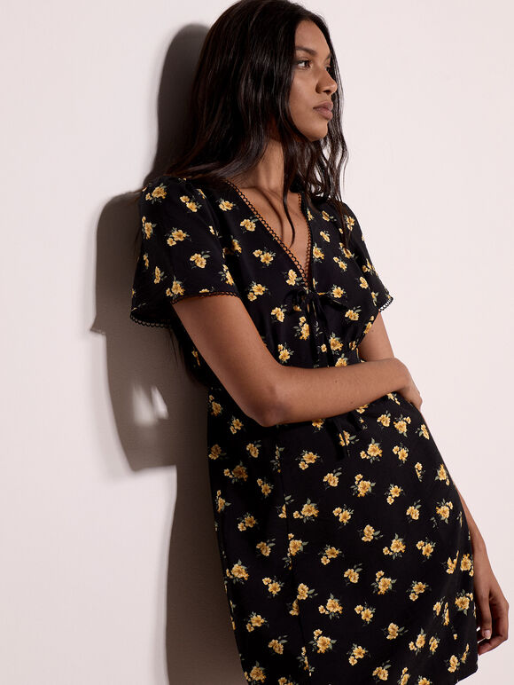 Vintage Floral Mini Tea Dress, Black, large