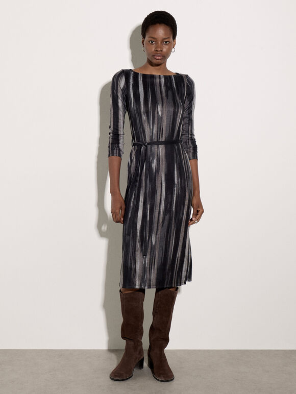 Painterly Stripe Knitted Midi Dress, Grey, large