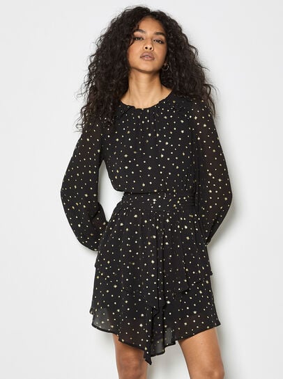 Gold Foil Star Chiffon Mini Dress
