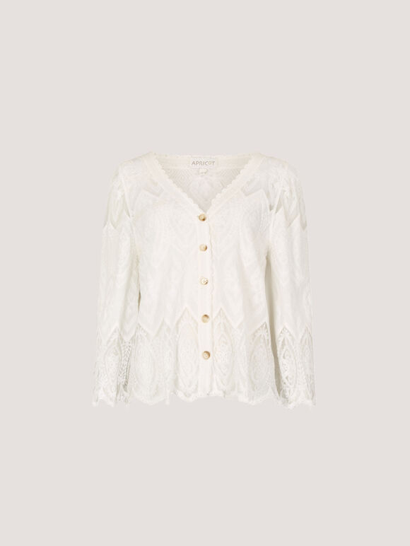 Floral Lace Button-Down Blouse, White, large