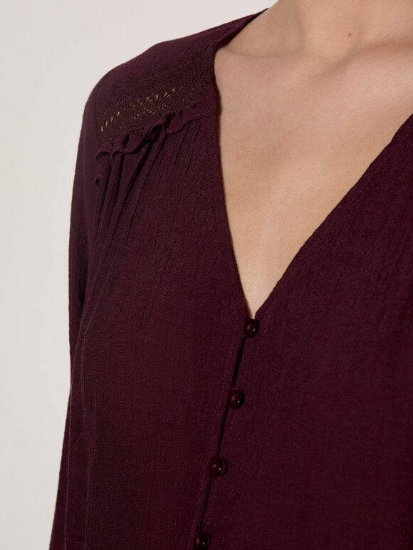Crochet Insert Shimmer Blouse, Burgundy, large