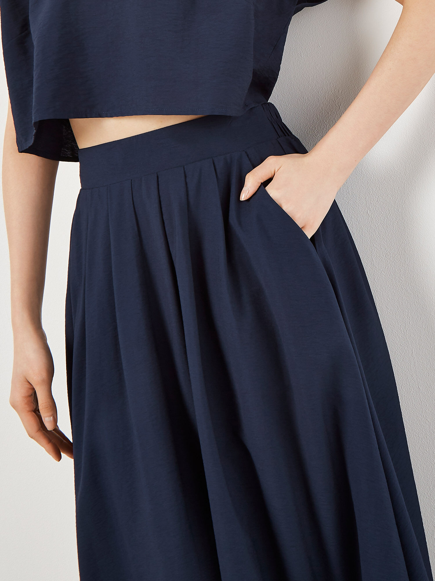 Slub Pleat A Line Midi Skirt Apricot Clothing