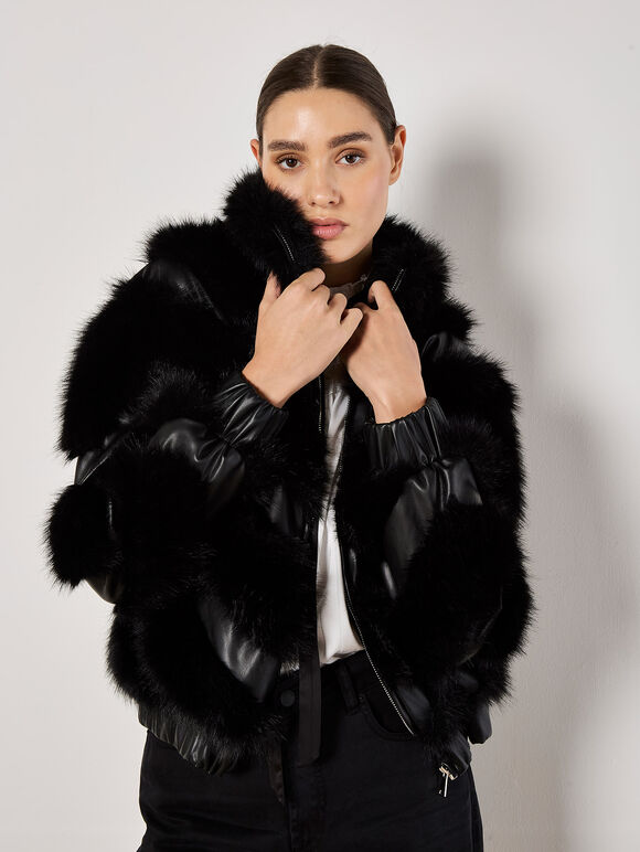Faux Leather Chevron Fur Jacket, Black, large