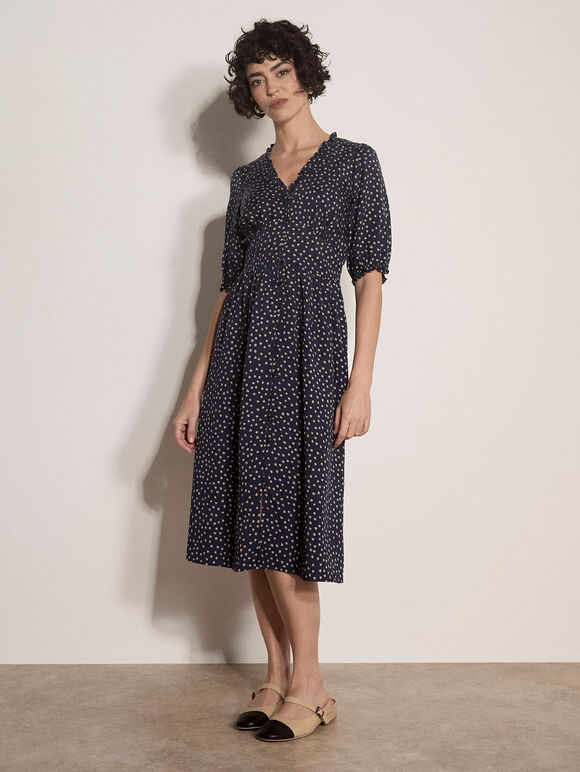 Polka Dot Ruffle Midi Dress, Navy, large