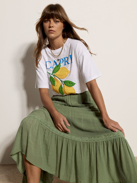 Lace Insert Belted Midi Skirt, Green, large