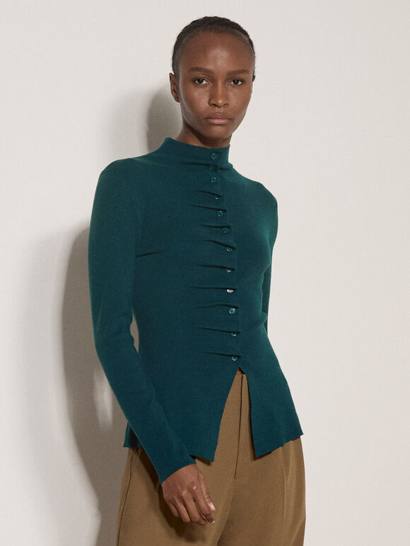 Fine Knit Ruched Cardigan, Teal, large