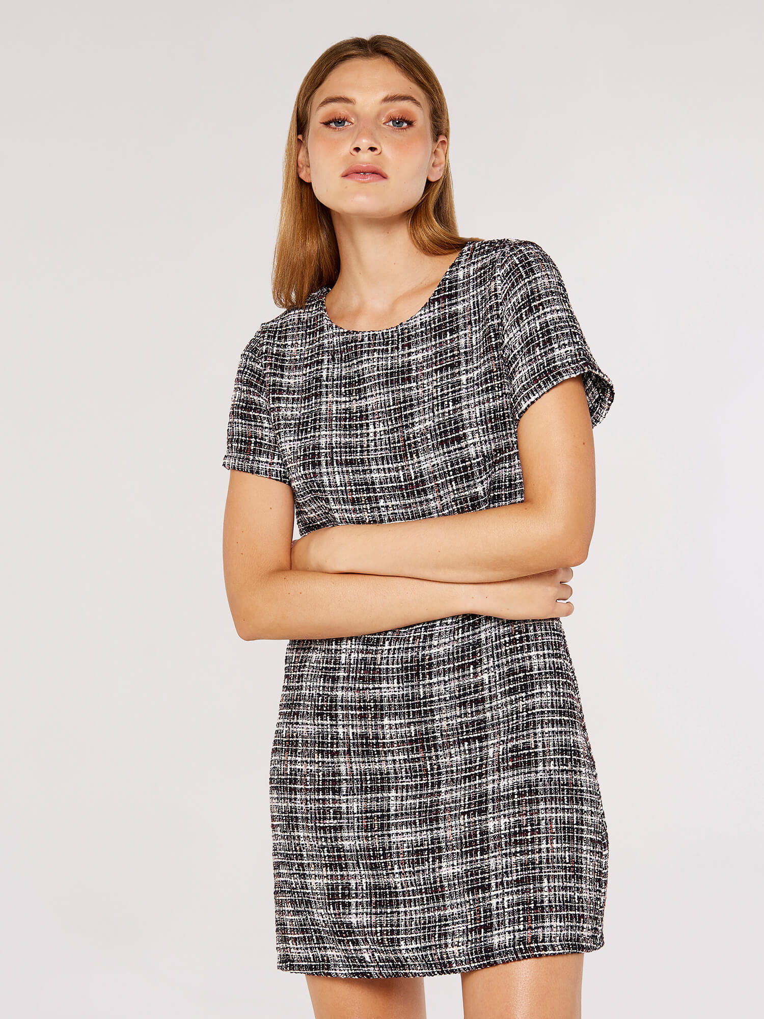 Woven Tweed Shift Dress Apricot Clothing
