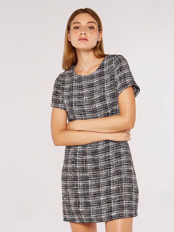 Woven Tweed Shift Dress, Burgundy, large