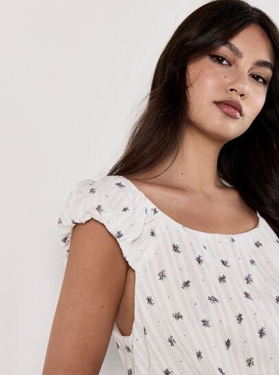Ditsy Floral Pointelle Bubble Hem Top