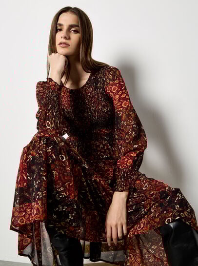 Ikat Patchwork Smocked Chiffon Midi Dress