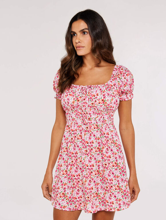 Ditsy Floral Milkmaid Mini Dress, Pink, large