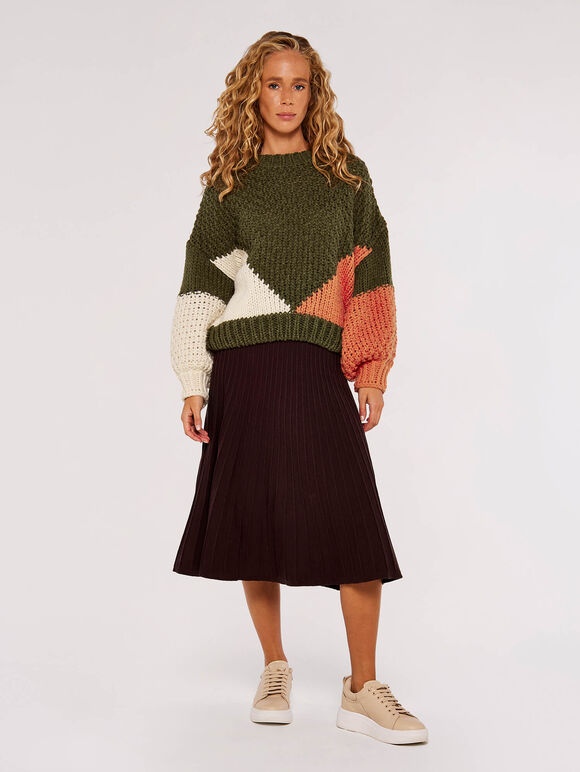 Pleated Midi Skirt, Brown, large