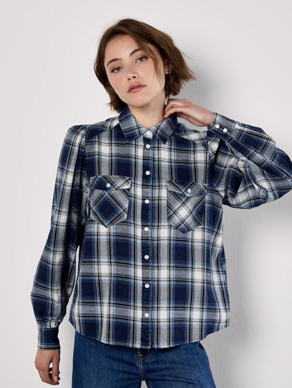 Washed Check Western Shirt, Blue, large