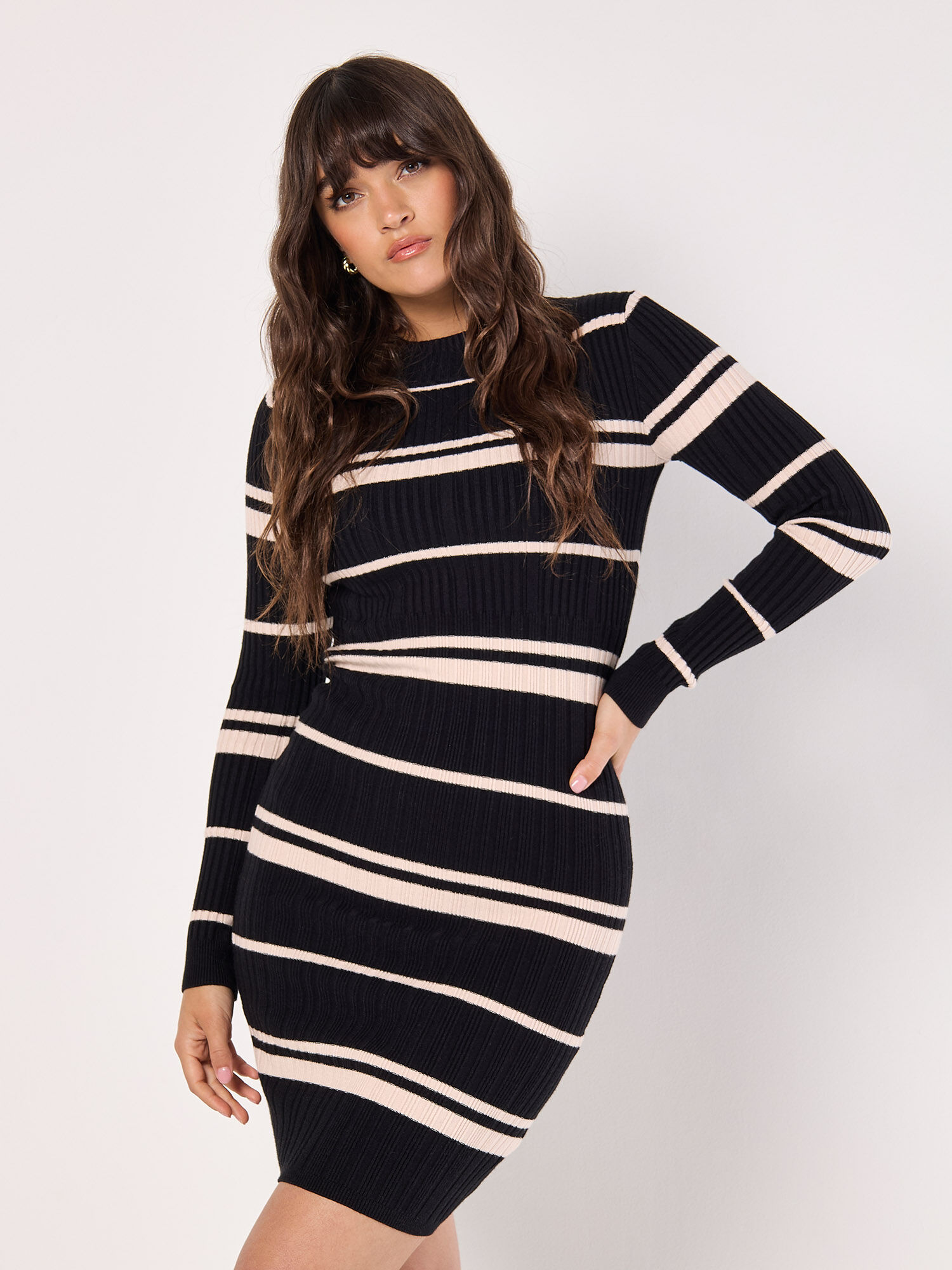 Stripe Ribbed Knit Mini Dress | Apricot Clothing
