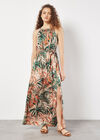 Tropical Leaf Satin Maxi Dress, Khaki, large