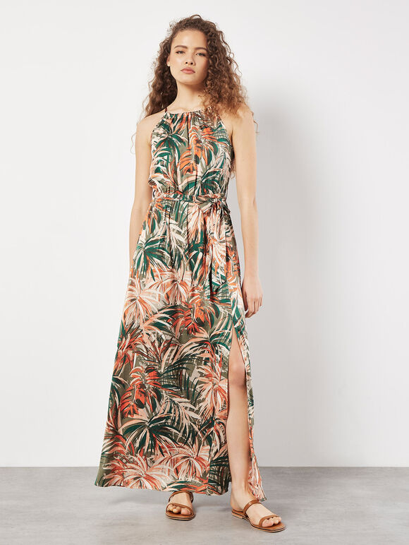 Tropical Leaf Satin Maxi Dress, Khaki, large