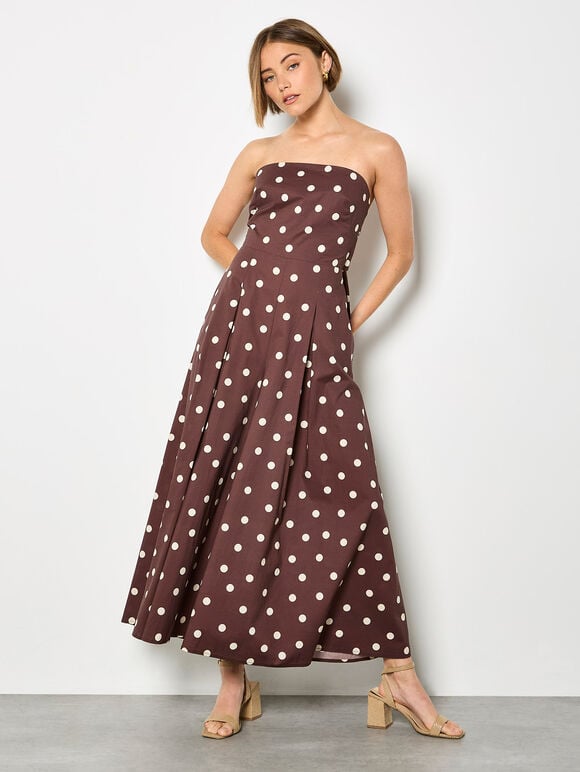 Polka Dot Bow Back Wide-Leg Jumpsuit, Brown, large