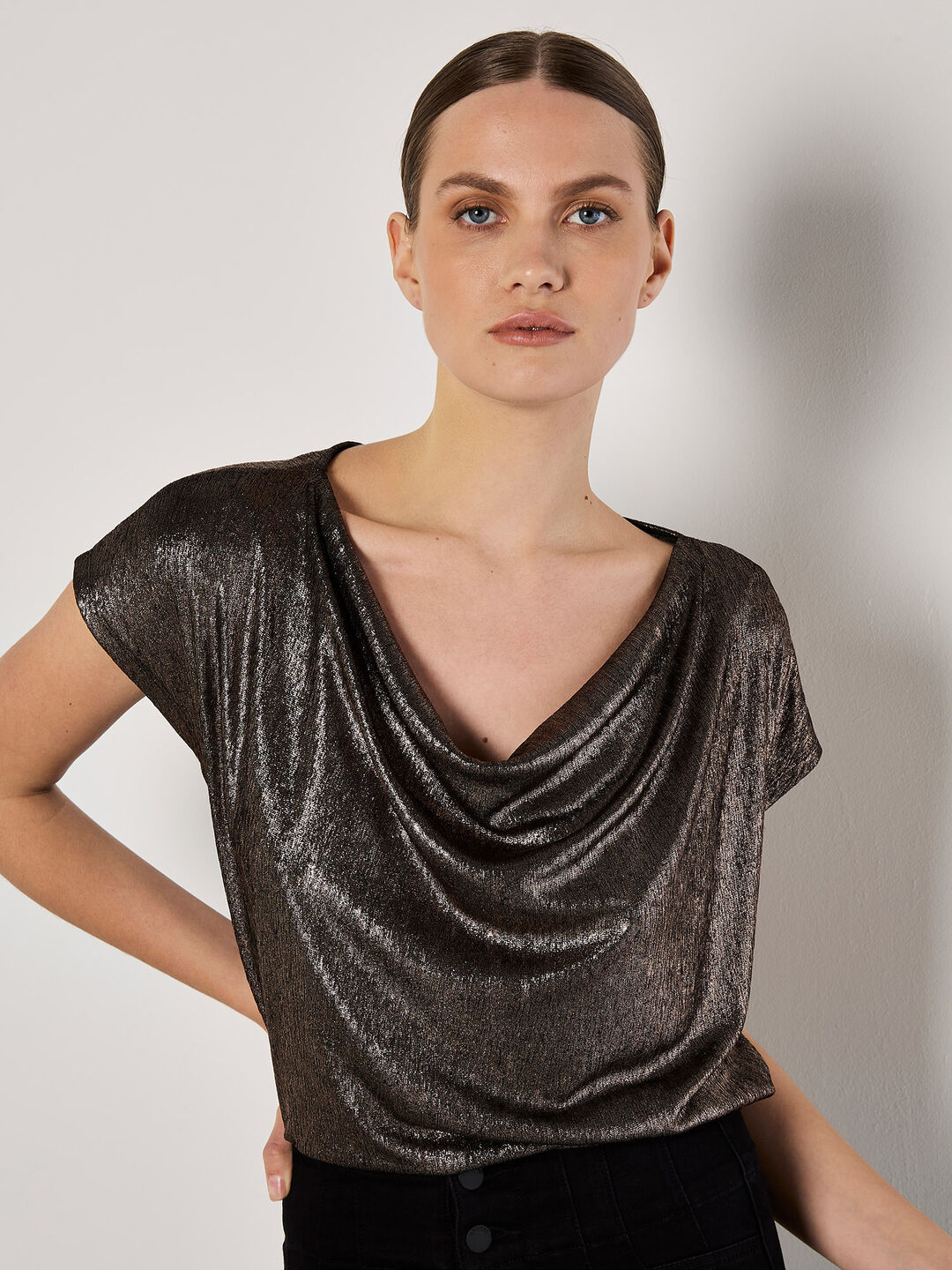 Metallic Foil Cowl Neck Top