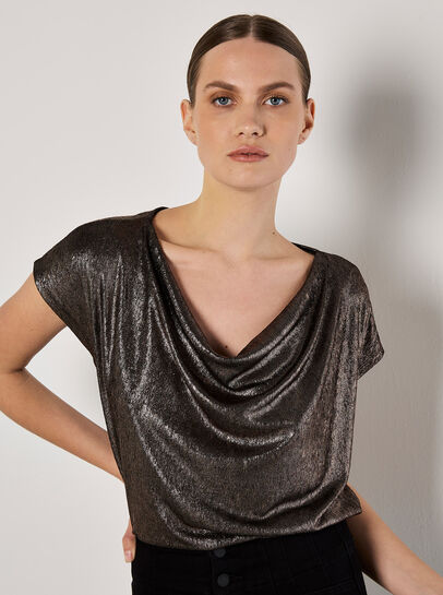 Metallic Foil Cowl Neck Top