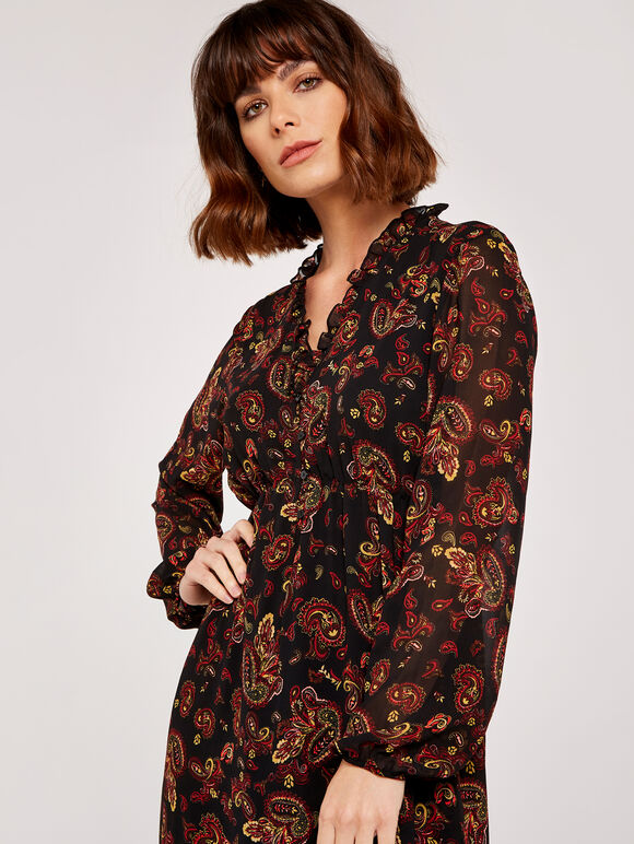 Paisley Long Sleeve Ruffle Midi Dress, Black, large