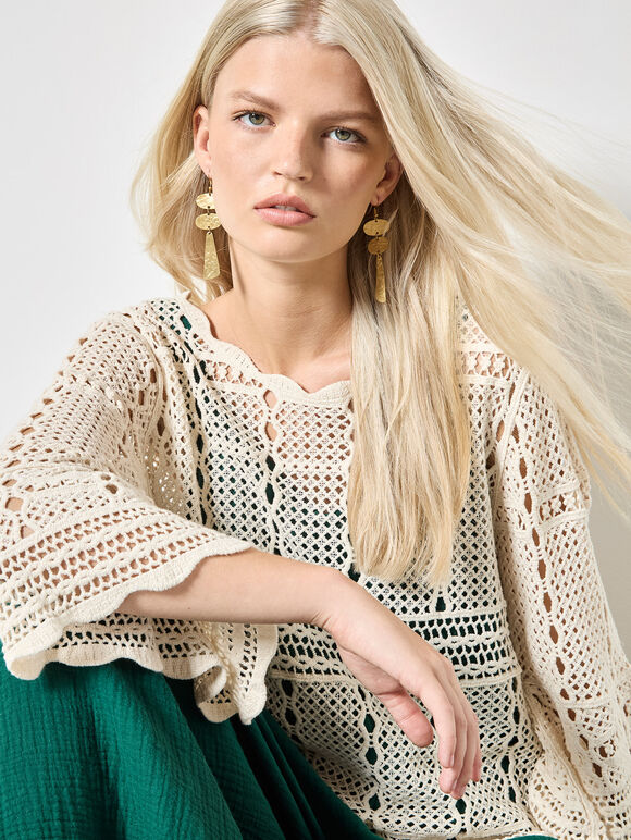 Bell Sleeve Crochet Top, Stone, large