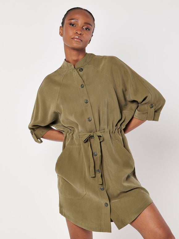 Drawstring Shirt Mini Dress, Khaki, large