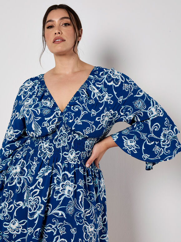 Sarasa Floral Smocked Ruffle Mini Dress, Blue, large
