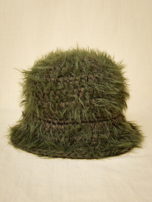 Fuzzy Knit Bucket Hat, Green, large