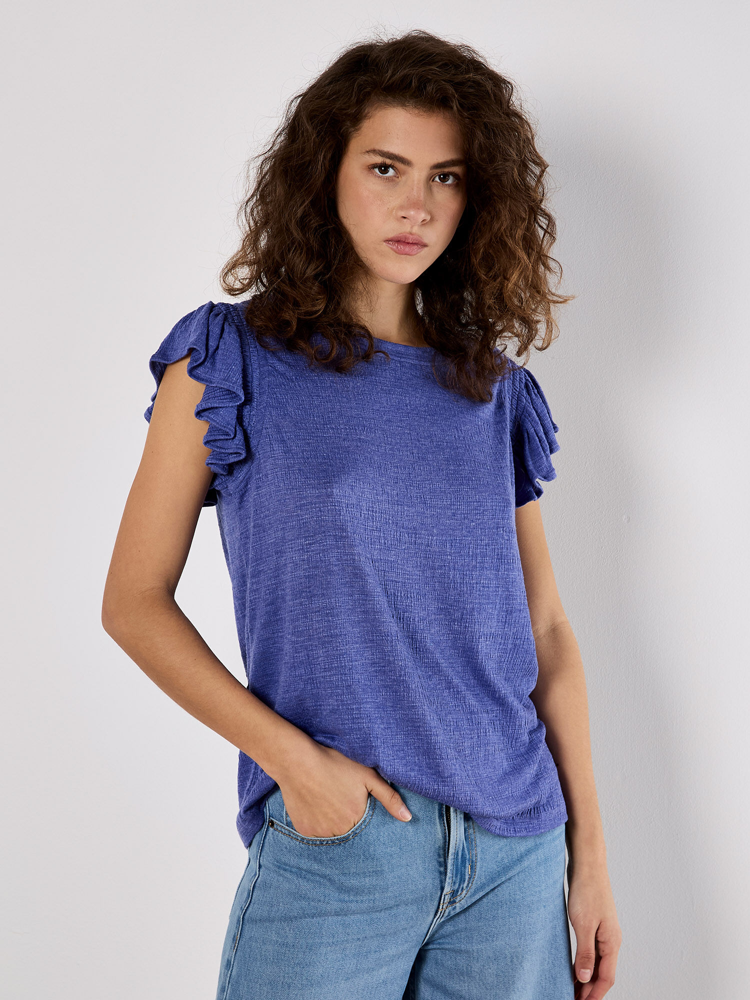 Soft Slub Ruffle Sleeve T-Shirt | Apricot Clothing