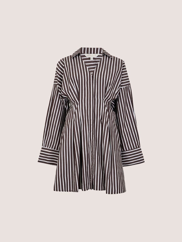 Stripe Shirt Cotton Mini Dress, Brown, large