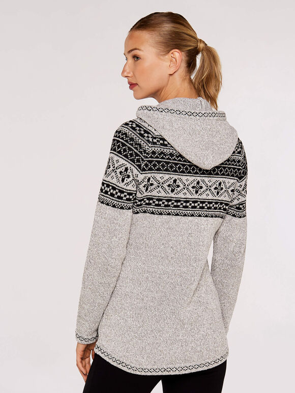 Fairisle Zip Through Cardigan, Grey, large